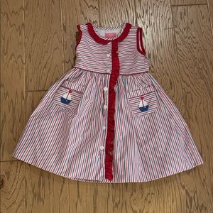 Seersucker Red Ruffle Claire & Charlie Embroidered Sail Boat Dress